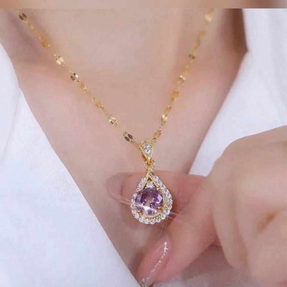 1pc Elegant Purple Teardrop Pendant Necklace Gold Color